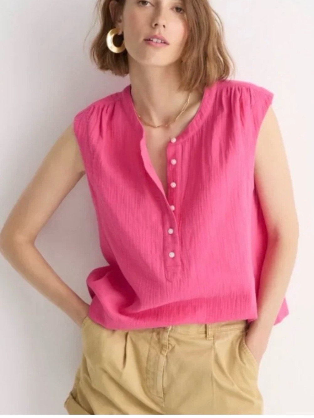 J. Crew Cora Sleeveless Bright Pink Button-Front Blouse Preppy Gauzy Summer